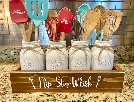 Flip Stir Whisk Utensil Holder, Mason Jar Utensil Holder, Utensil Box, Kitchen Counter Decor, Unique Gift for Mom, Farmhouse Kitchen Storage