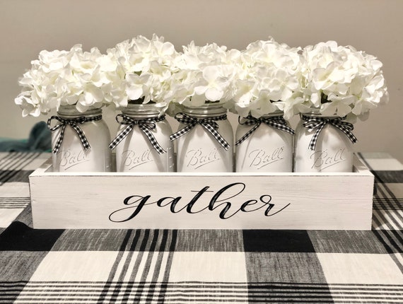 Gather Decor, White and Black Mason Jar Home Decor, White Wood Tray with Mason Jar, White Hydrangea, Farmhouse Mason Jar Table Centerpiece