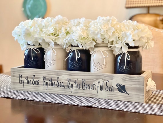 Beach House Decor, Coastal Dining Table Centerpiece, Lakehouse Decor, Beach House Gift, By the Sea, Mason Jar Centerpiece, Nautical Decor