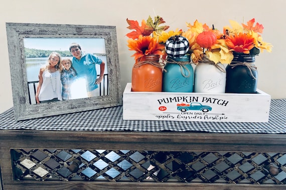 Autumn Pumpkin Patch Centerpiece Rustic Farmhouse Truck Decor Mason Jar