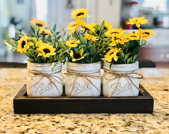 Rustic Sunflower Mason Jar Centerpiece: Farmhouse Kitchen Table Tray for Fall Decor