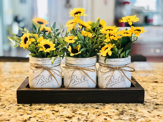 Rustic Sunflower Mason Jar Centerpiece: Farmhouse Kitchen Table Tray for Fall Decor