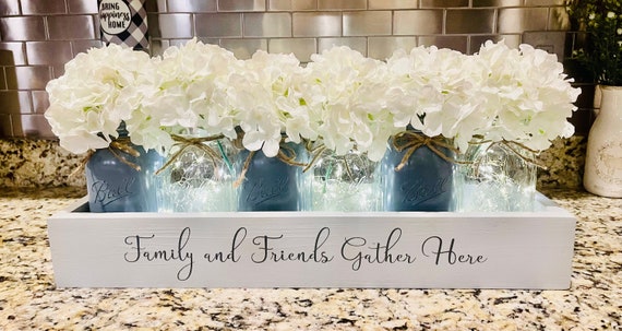 Modern Farmhouse Centerpiece, Mason Jar, Lit Dining Room Table Centerpiece, Family and Friends Gather Here, Wedding Gift, New Homeowner Gift
