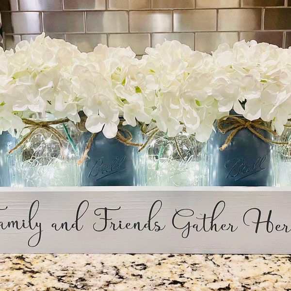 Farmhouse Centerpiece, Decorative Box with Masons, Lit Dining Room Table Centerpiece, Family and Friends Gather Here Decor, Anniversary Gift