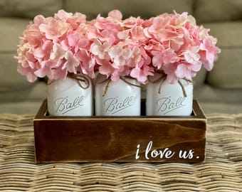Valentine's Day Mason Jar Centerpiece Pink Hydrangea Floral Bouquet Love Decor Anniversary Gift Farmhouse Rustic Home