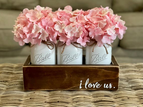 Valentine's Day Mason Jar Centerpiece Pink Hydrangea Floral Bouquet Love Decor Anniversary Gift Farmhouse Rustic Home