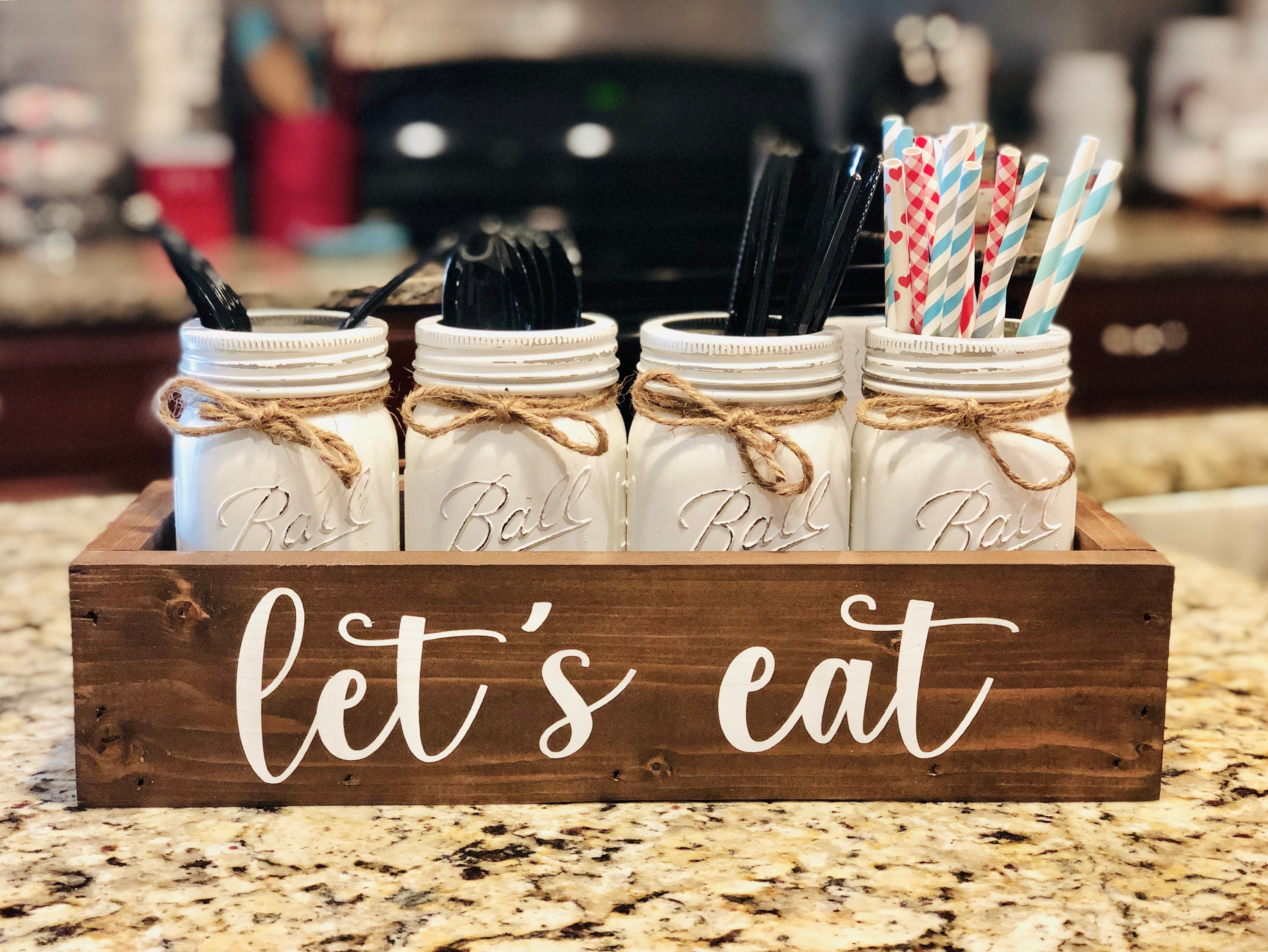 Personalized Mason Jar Utensil Holder, Fun Party Decor, Let's Eat Decor