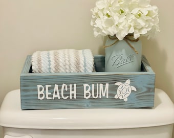 Nautical Beach Influenced Wood Toilet Paper Holder and Storage Box for Coastal Bathrooms