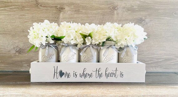 Farmhouse Table Centerpiece, Mason Jar Centerpiece,  Mason Jar Decor, Dining Table Decor, Entryway Decor, Wood Planter Box with Mason Jars