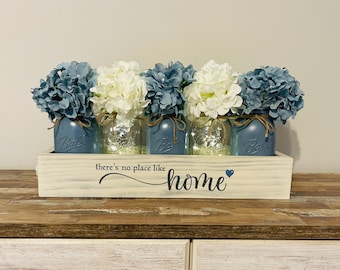 Rustic Mason Jar Table Centerpiece Hydrangea Decor in Driftwood Box