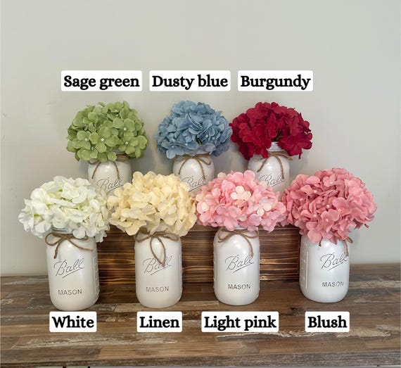 Mason Jar Centerpiece, Painted Mason Jars with Faux Flowers, Twine Ribbon Decor, Lighted Wedding or Baby Shower Table Decor