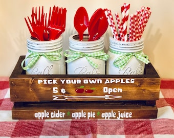 Farm Fresh Apple Wood Crate with Mason Jar for Utensils in Kitchen