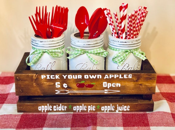 Farmhouse Wood Crate, Farm Fresh Apples Box, Painted Mason Jar Utensil Holder, Farmhouse Crate with Mason Jar, Kitchen Counter Utensil Caddy