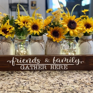 Rustic Sunflower Mason Jar Centerpiece in Distressed Wood Box - Farmhouse Kitchen Table Decor
