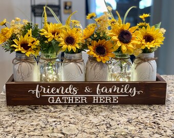 Rustic Sunflower Mason Jar Centerpiece in Distressed Wood Box - Farmhouse Kitchen Table Decor