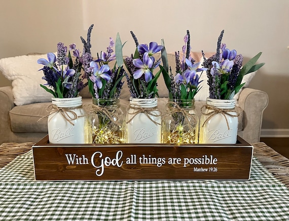 Christian Mason Jar Centerpiece, Christian Home Decor, With God All Things Are Possible, Matthew 19:26, Inspirational Gift, Christian Gift