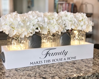 Modern Farmhouse Lit Mason Jar Centerpiece for Kitchen Island Table Decor