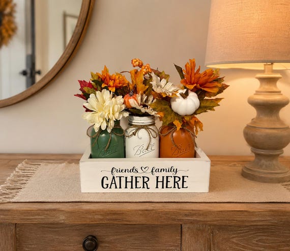 Rustic Fall Mason Jar Centerpiece, Friendsgiving Table Decor, Farmhouse Thanksgiving Hostess Gift, Pumpkin and Moss Jars, 3 Jar Fall Box