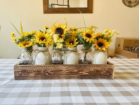Rustic Sunflower Mason Jar Centerpiece: Farmhouse Kitchen Island Planter Box for Country Table Decor