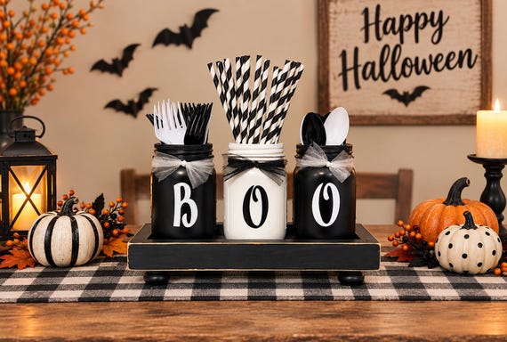 Halloween Home Decor, BOO Mason Jar Centerpiece, Black and White Halloween Party Table Decor, Halloween Utensil Holder, Halloween Candy Dish