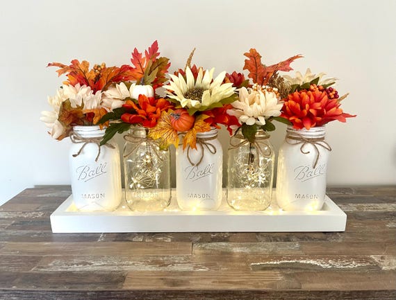 Rustic Fall Lighted Mason Jar Centerpiece Farmhouse Table Decor