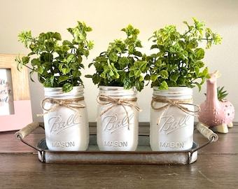 Rustic Metal Tray with Painted Mason Jars: Farmhouse Centerpiece