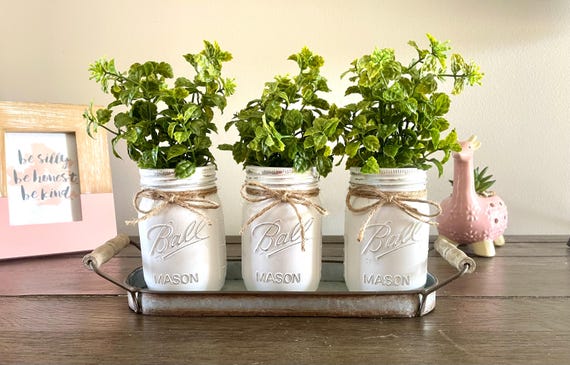 Rustic Metal Tray with 3 Painted Mason Jars, Farmhouse Table Decor, Mason Jar Decor, Modern Farmhouse Centerpiece with Greenery