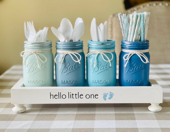 Utensil Holder, Baby Boy Shower Decor, Baby Shower, Fun Table Decor for Baby Shower, Hello Little One Decor, Baby Blue Mason Jars, Mason Jar