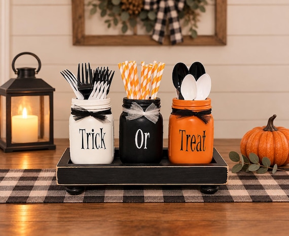 Halloween Mason Jar Decor Set, Farmhouse Kitchen Halloween Decorations, Spooky Table Centerpiece, Trick or Treat Utensil Holder, Party Decor