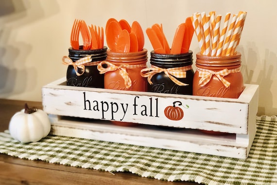 Rustic Pumpkin Wooden Crate Fall Utensil Holder Farmhouse Thanksgiving Table Centerpiece Decor