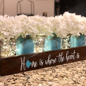 White Hydrangea Mason Jar Centerpiece, Farmhouse Table, Lit Centerpiece, Painted Masons, Home is Where the Heart is, Aqua Blue Mason Jars