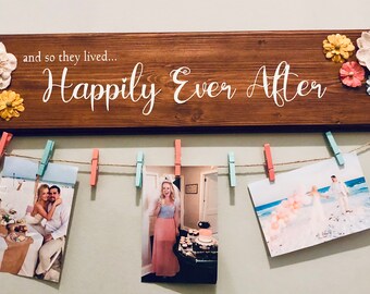 Wedding Photo Display, Family Wall Decor, Newlywed Gift, Hanging Photo Holder, Wedding Picture Frame, Happily Ever After, Bridal Shower Gift