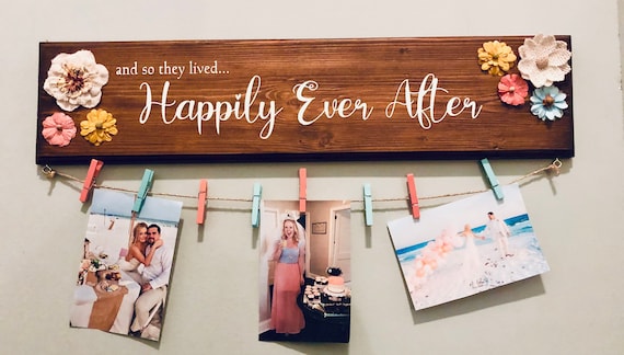 Wedding Photo Display, Family Wall Decor, Newlywed Gift, Hanging Photo Holder, Wedding Picture Frame, Happily Ever After, Bridal Shower Gift