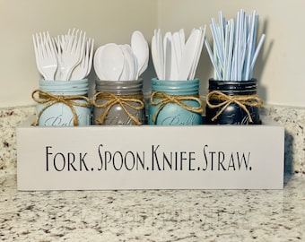 Rustic Wooden Mason Jar Utensil Caddy for Farmhouse Parties, Picnics & Kitchen Organization