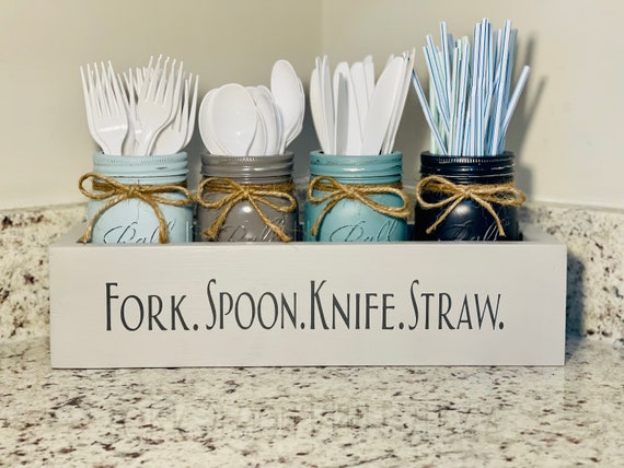 Wooden Mason Jar Utensil Holder Box, Mason Jar Silverware Caddy, Party Silverware Holder, Fork, Spoon, Knife, Farmhouse Silverware Organizer