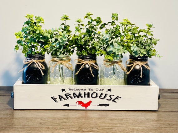 Farmhouse Table Decor, Farmhouse Mason Jar Centerpiece, Wood Tray with Masons, Farmhouse Planter Box, Farmhouse Wood Box, Mason Jar Decor