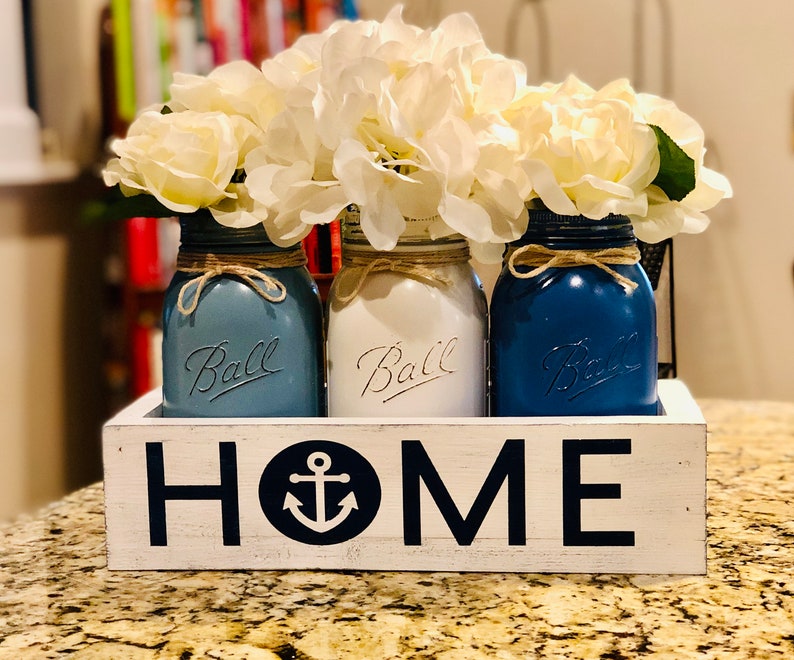 Nautical Mason Jar Decor Nautical Dining Table Centerpiece Etsy