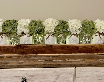 Farmhouse Floral Arrangement for Dining Table, Hydrangea Decor, Mason Jar Centerpiece, Spring Home Decor