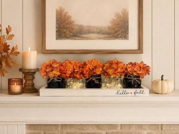 Hello Fall Mason Jar Centerpiece • Modern Farmhouse Black & White Tray • Orange Hydrangea Arrangement, White Wood Tray for Table or Mantel