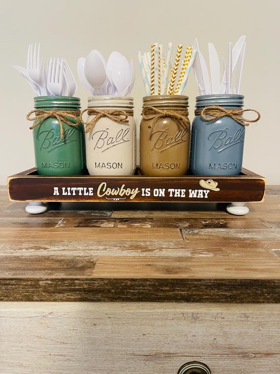Little Cowboy Baby Shower Decor Mason Jar Utensil Holder Western Hat Wood Riser Centerpiece