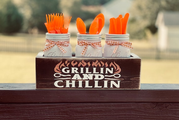 Gift for Dad, Grilling Gift, BBQ Table Decor, Wooden Utensil Holder, Barbecue Party, Cookout Decor, Picnic Decor, Kitchen Table Centerpiece