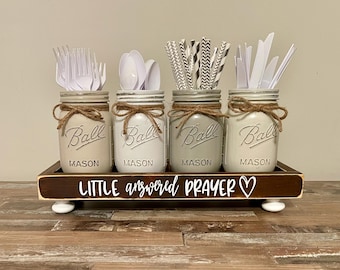 Neutral Baby Shower Decor Set - Mason Jar Utensil Holder, Little Answered Prayer Sign, Wood Riser Tray Centerpiece