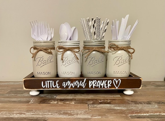 Neutral Baby Shower Decor Set - Mason Jar Utensil Holder, Little Answered Prayer Sign, Wood Riser Tray Centerpiece