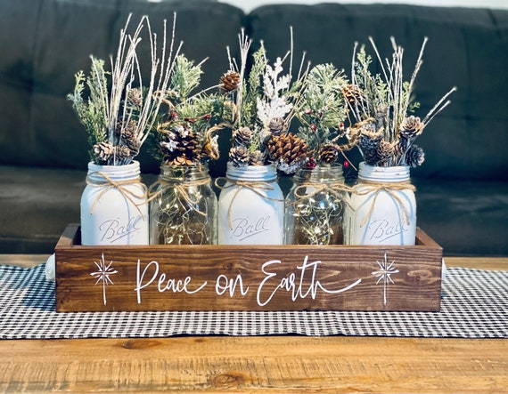 Christmas Mason Jar Centerpiece Winter Farmhouse Holiday Decor Peace on Earth Woodland Table Accent