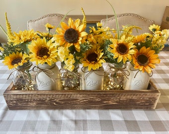 Sunflower Centerpiece, Year Round Table Decor, Wood Crate, Rustic Box, Yellow Sunflower Decor, Rustic Farmhouse Table, Kitchen Table Decor