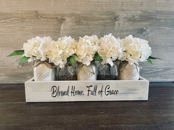 Mason Jar Decor, Driftwood Planter Box, Lit Mason Jar Centerpiece, Hydrangea Arrangement, Farmhouse Dining Table Decor, Blessed Home Decor