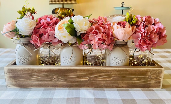 Wedding Centerpiece, Rustic Farmhouse Lit Centerpiece, Floral Arrangement, Painted Mason Jars with Lights, Bridal Table Decor