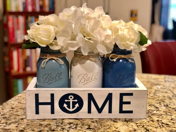 Coastal Mason jar Centerpiece, Nautical Dining Table Centerpiece, Coastal Beach House Decor, Lake House Floral Decor, Captain Gift Anchor