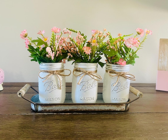 Rustic Pink Farmhouse Centerpiece: Mason Jar Flower Arrangement on Metal Tray