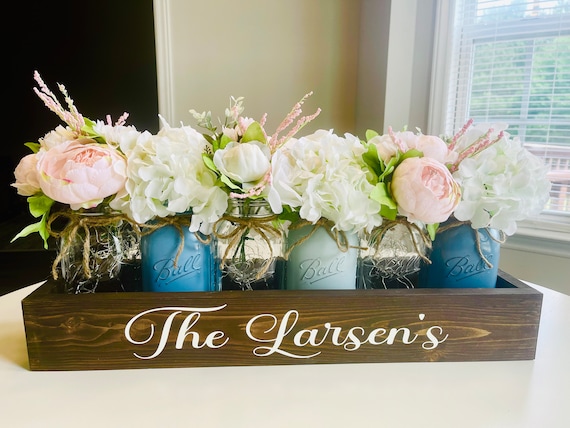 Personalized Wedding Gift, Wedding Couple Gift, Mason Jar Centerpiece, Peony Hydrangea Floral Arrangement, Anniversary Gift, Lit Centerpiece